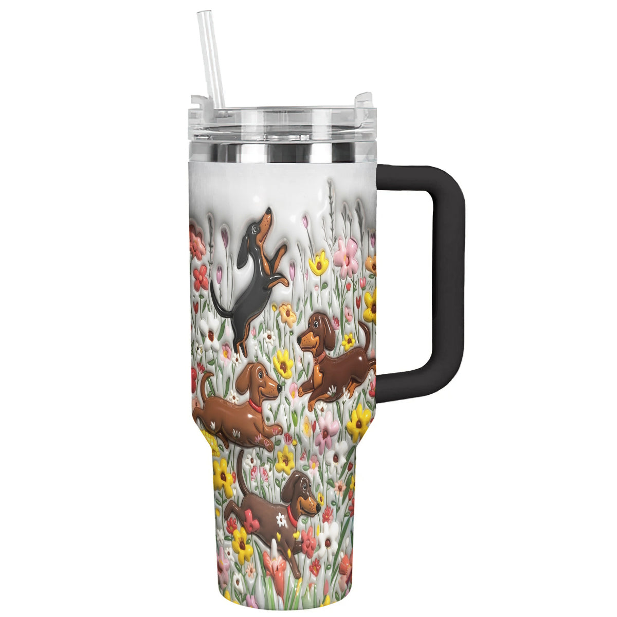 Lorva Tumbler Puffy Happy Dachshunds In Flower Garden