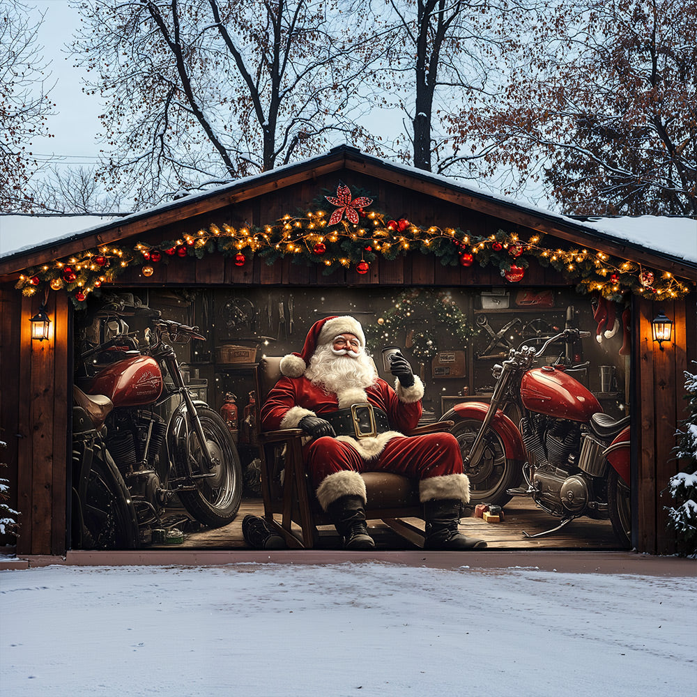 Lorva Christmas Garage Door Banner Decoration Santa’s Motorcycle Garage