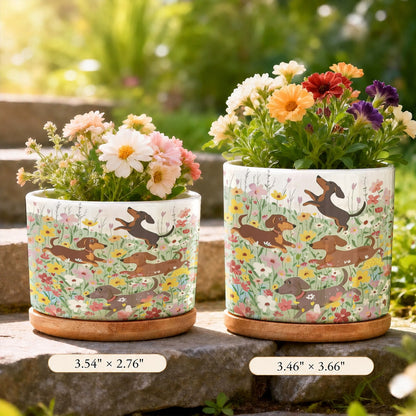 Lorva Dachshund Ceramic Plant Pot Happy Dachshunds In Flower Garden