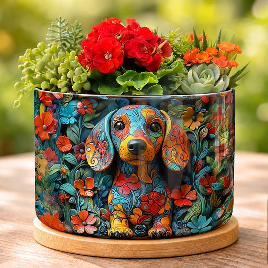 Lorva Dachshund Flat Print Ceramic Plant Pot Charming Floral Dachshund