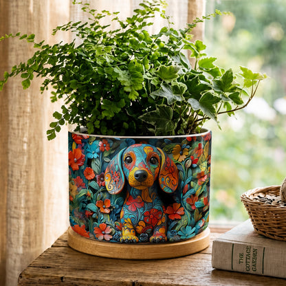 Lorva Dachshund Flat Print Ceramic Plant Pot Charming Floral Dachshund