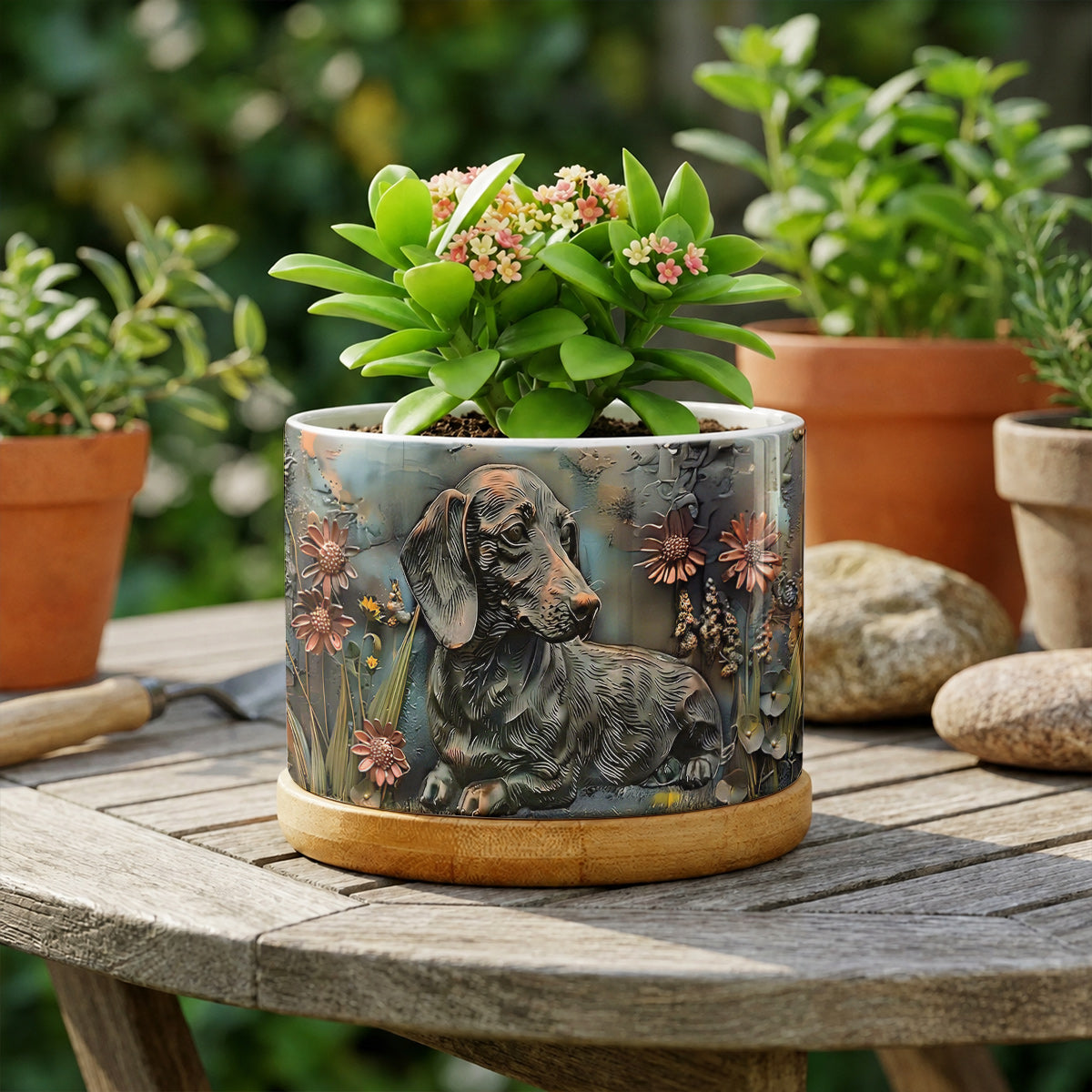 Lorva Dachshund Flat Print Ceramic Plant Pot Rustic Dachshund Garden