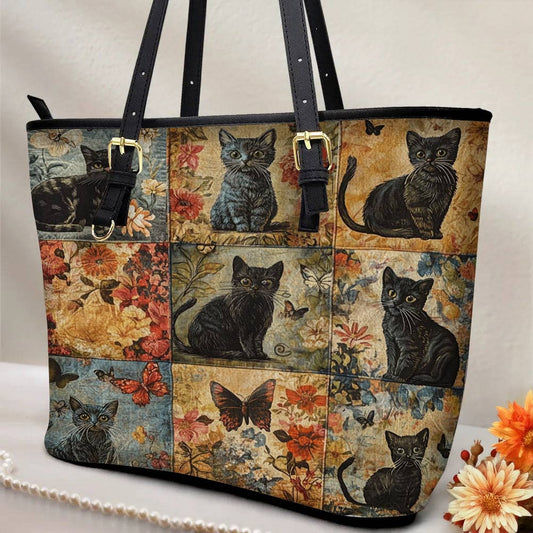 Lorva Leather Tote Bag Mystic Floral Black Cat