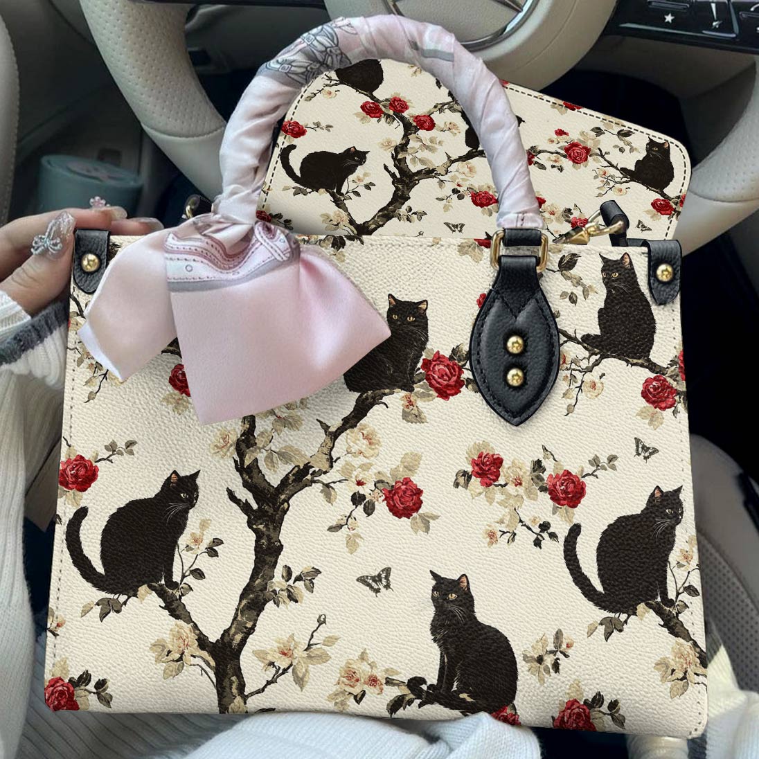 Lorva Black Cat Leather Bag Roses Love