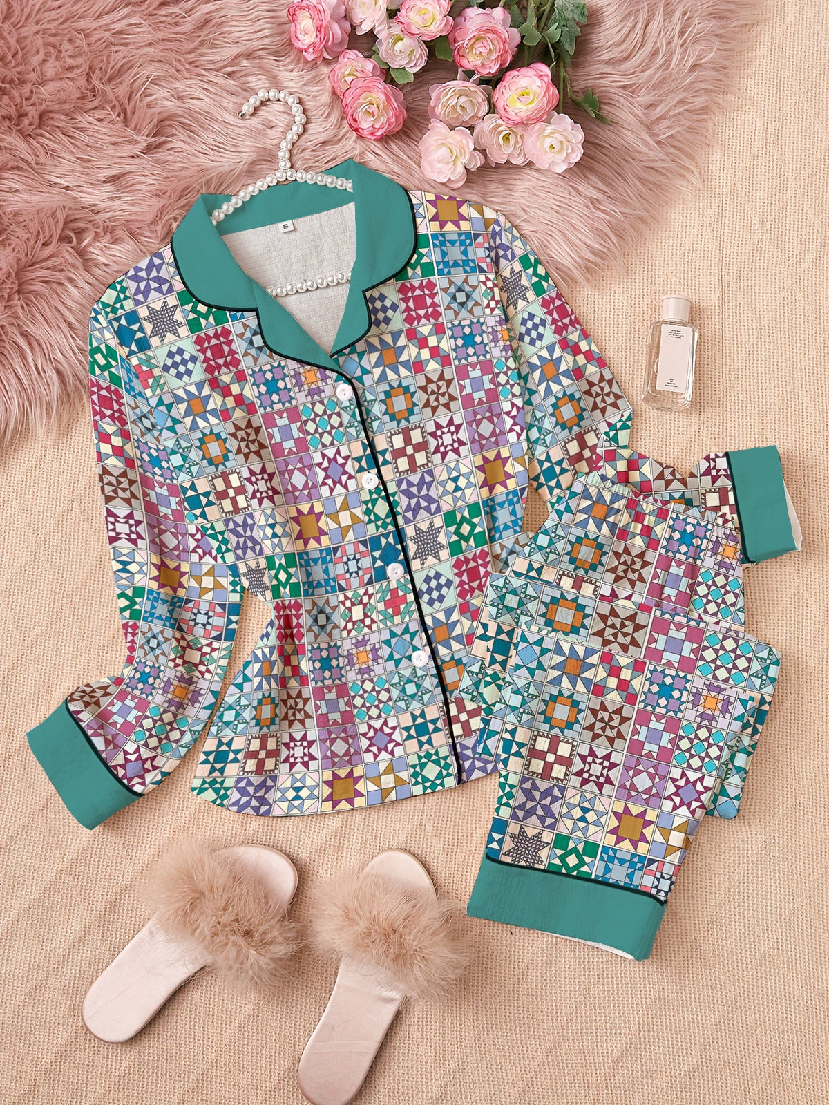 Lorva Quilting Lover Classic Pajama Set Traditional Quilt Blocks