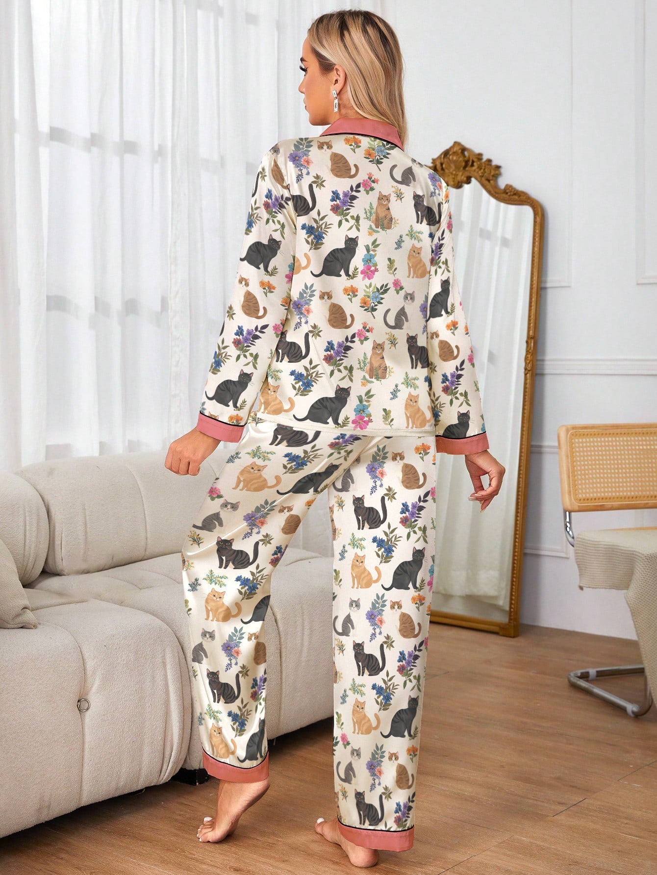 Lorva Cat Classic Pajama Set Cute Floral Cats
