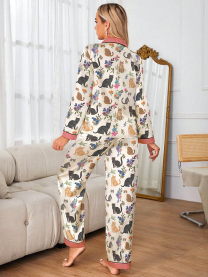 Lorva Cat Classic Pajama Set Cute Floral Cats