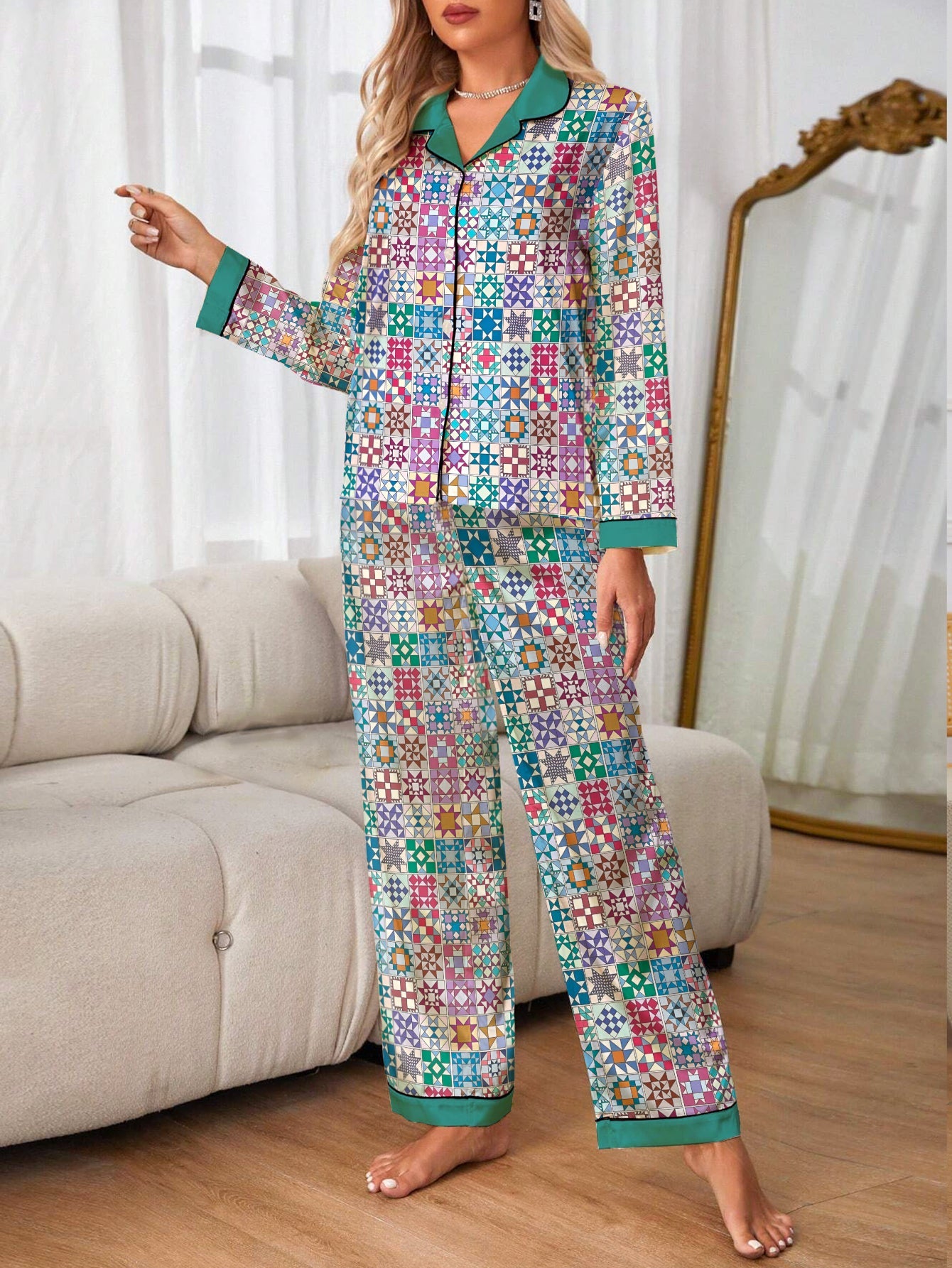 Lorva Quilting Lover Classic Pajama Set Traditional Quilt Blocks