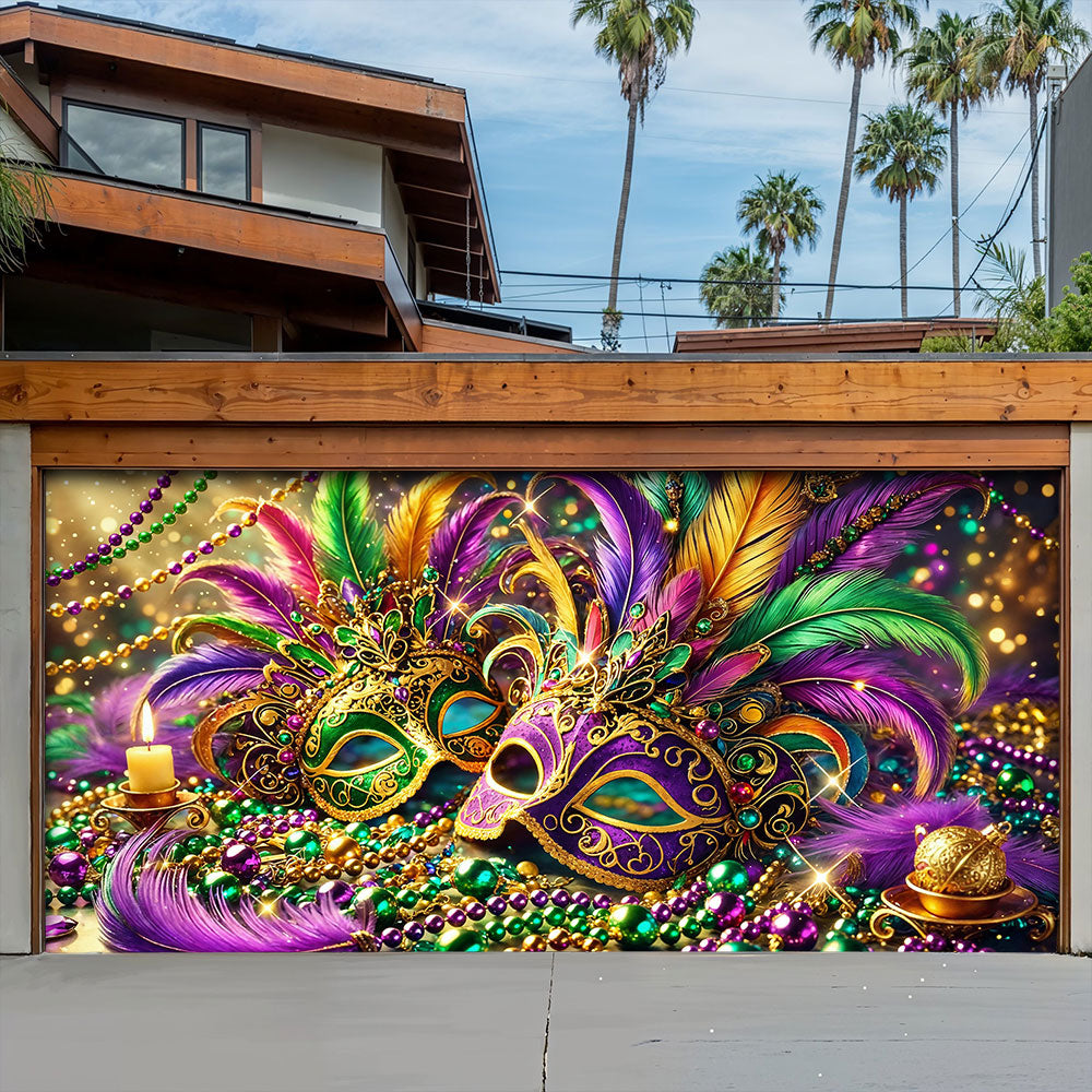 Lorva Mardi Gras Garage Door Banner Decoration Opulent Feather Masque