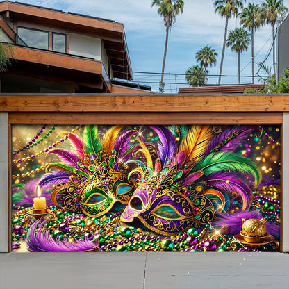 Lorva Mardi Gras Garage Door Banner Decoration Opulent Feather Masque