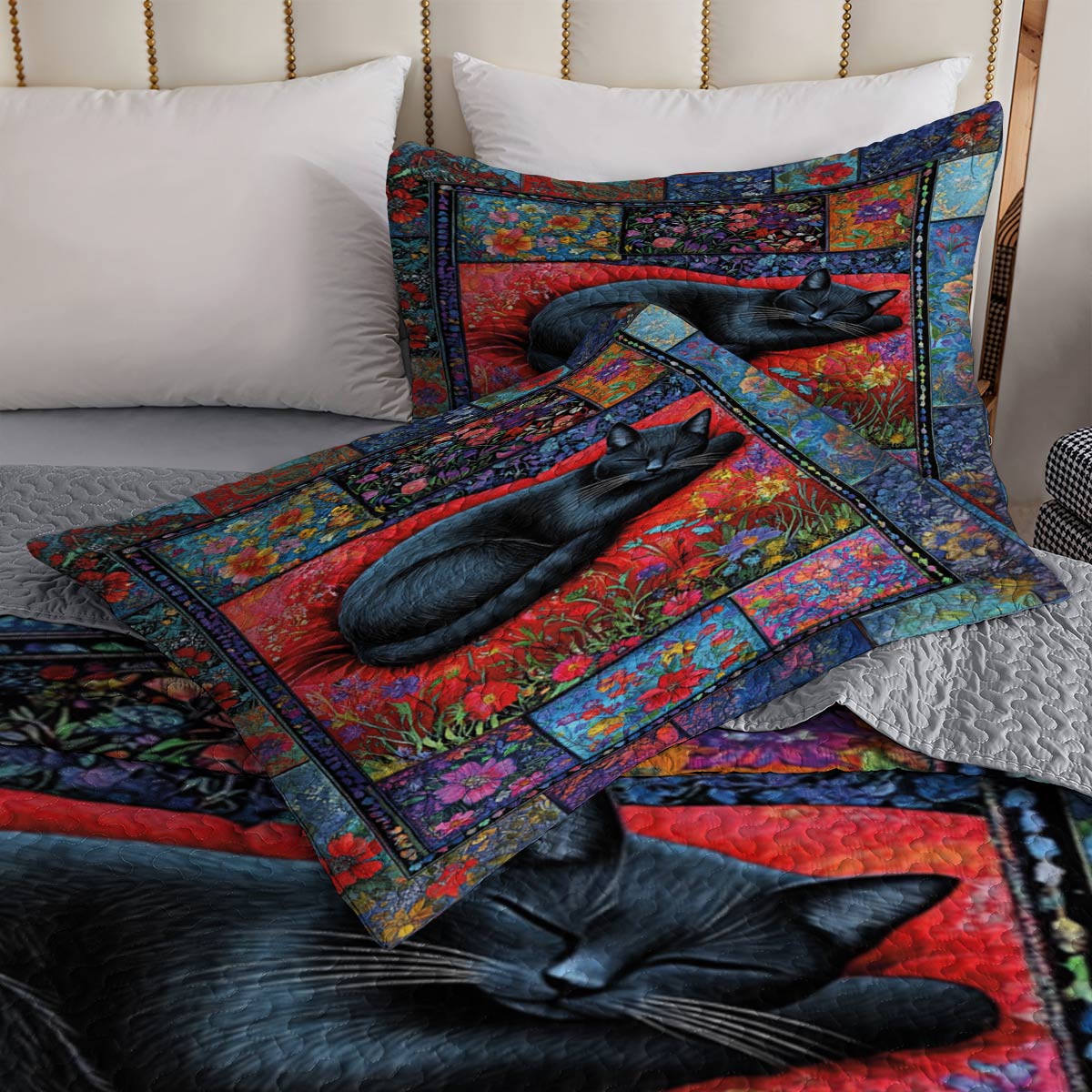 Lorva All Season Quilt 3-Piece Set Mystical Sleeping Black Cat