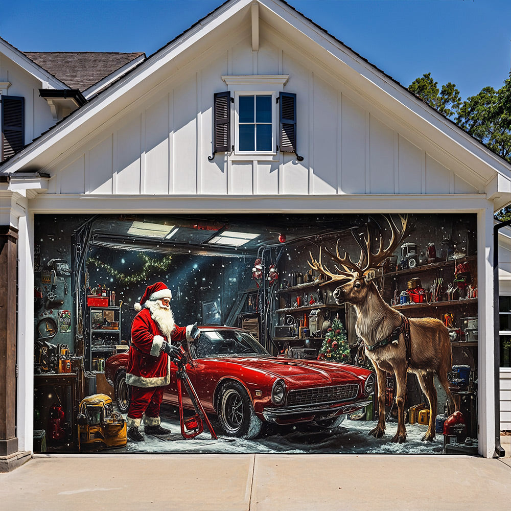Lorva Christmas Garage Door Banner Decoration Santa's Merry Motorworks