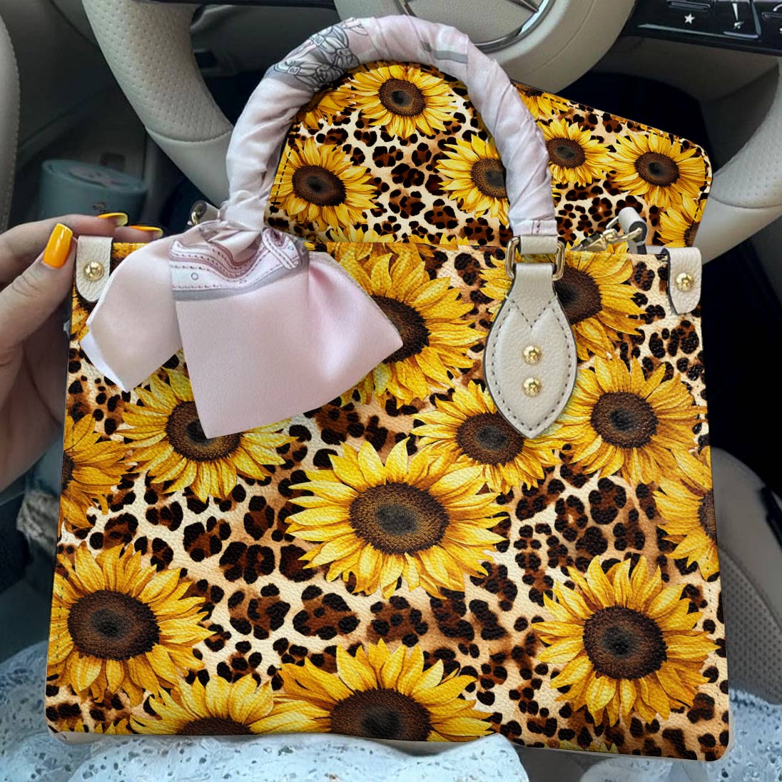 Lorva Leather Bag Leopard Sunflowers