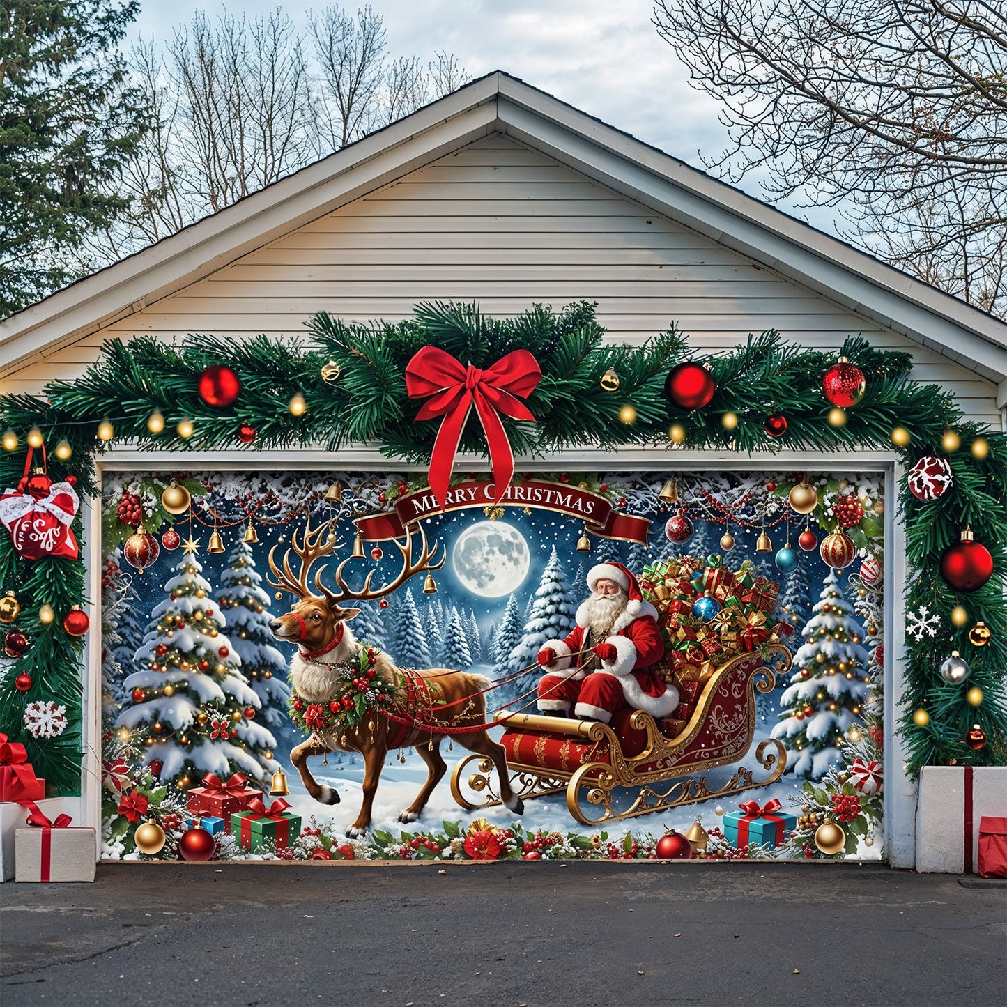 Lorva Christmas Garage Door Banner Decoration Santa’s Sleigh Ride Spreading Cheer on a Winter’s Eve
