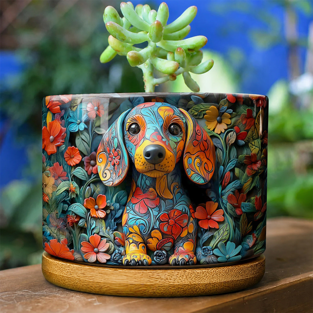 Lorva Dachshund Flat Print Ceramic Plant Pot Charming Floral Dachshund