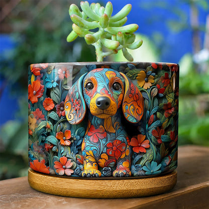Lorva Dachshund Flat Print Ceramic Plant Pot Charming Floral Dachshund