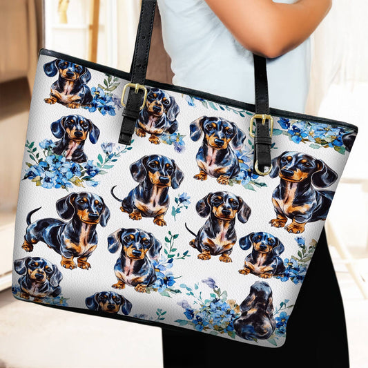 Lorva Leather Tote Bag Blue Bloom Dachshund