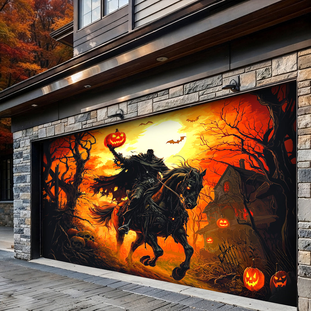 Lorva Halloween Garage Door Banner Decoration Headless Horseman’s Halloween Ride