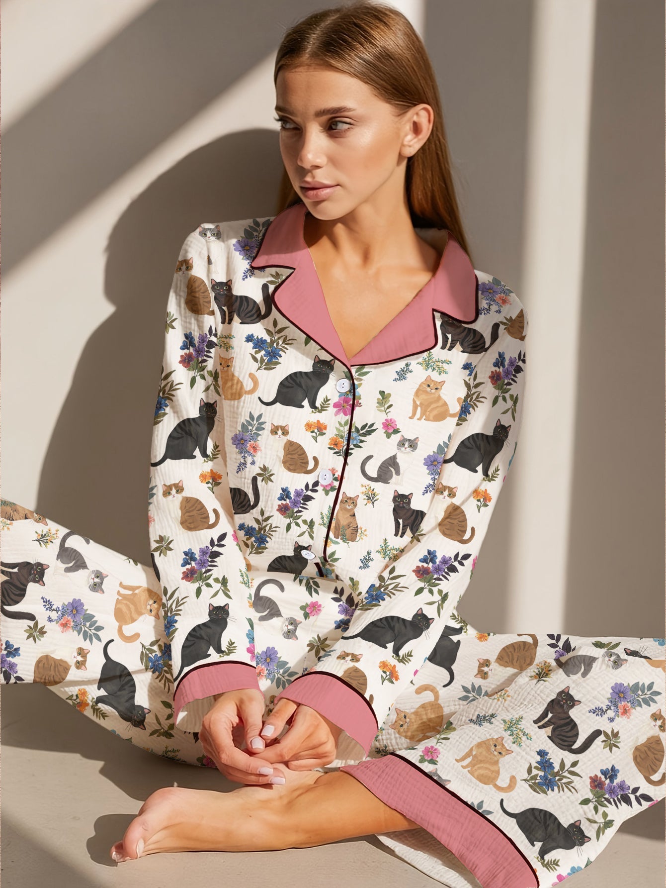 Lorva Cat Classic Pajama Set Cute Floral Cats