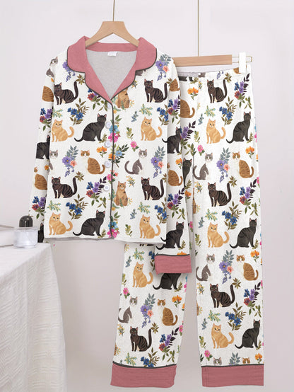Lorva Cat Classic Pajama Set Cute Floral Cats