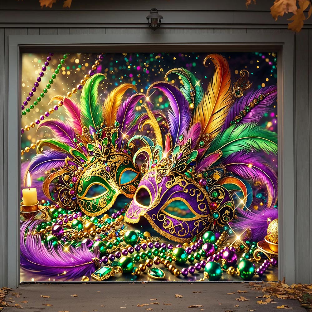 Lorva Mardi Gras Garage Door Banner Decoration Opulent Feather Masque