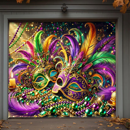 Lorva Mardi Gras Garage Door Banner Decoration Opulent Feather Masque