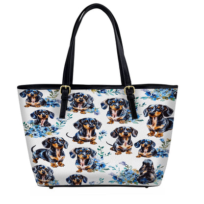 Lorva Leather Tote Bag Blue Bloom Dachshund