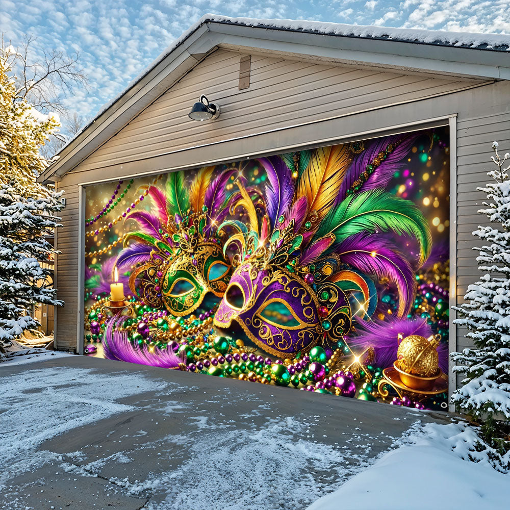 Lorva Mardi Gras Garage Door Banner Decoration Opulent Feather Masque