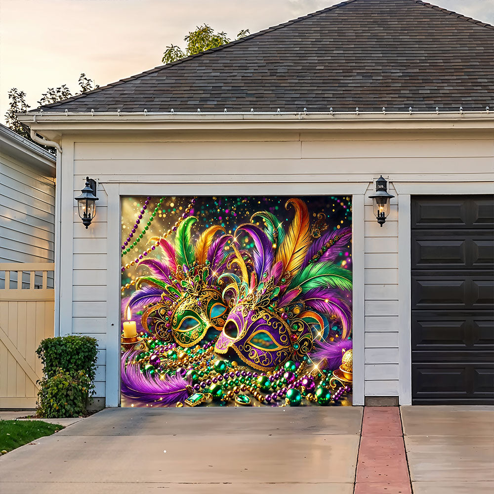Lorva Mardi Gras Garage Door Banner Decoration Opulent Feather Masque