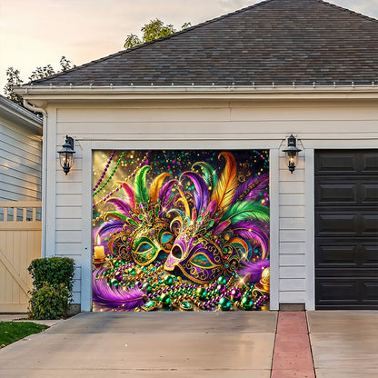 Lorva Mardi Gras Garage Door Banner Decoration Opulent Feather Masque