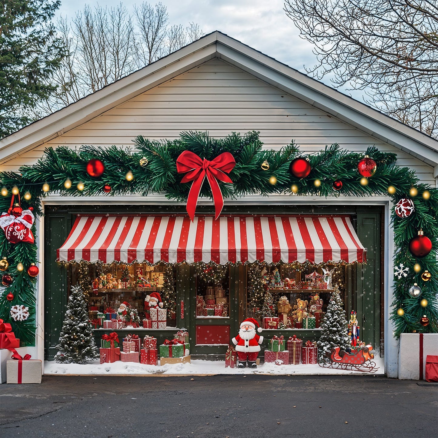 Lorva Christmas Garage Door Banner Decoration Christmas Magic at the Window A Snowy Shopfront with Santa and Presents