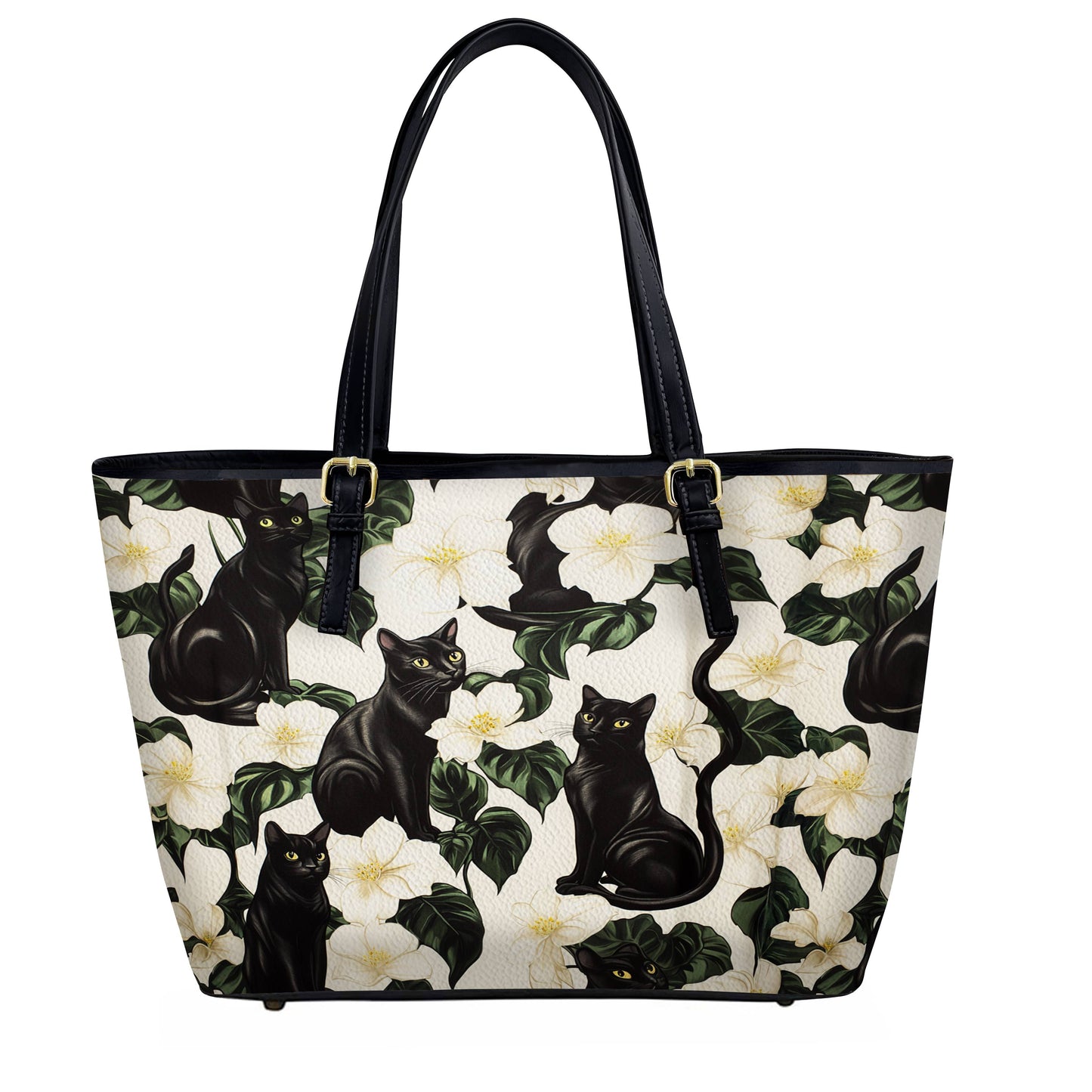Lorva Black Cat Leather Tote Bag Gorgeous Plumeria