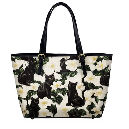 Lorva Black Cat Leather Tote Bag Gorgeous Plumeria