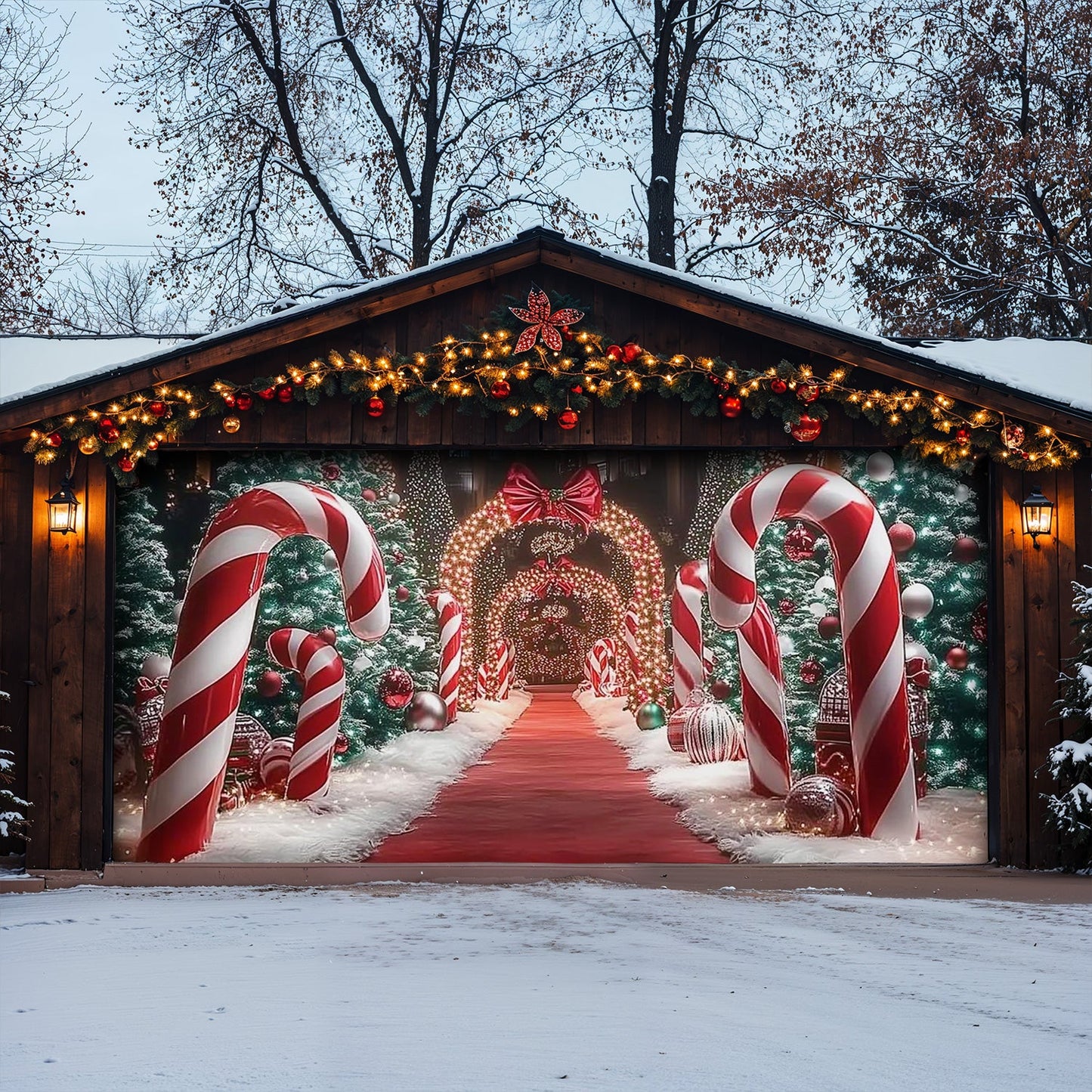 Lorva Christmas Garage Door Banner Decoration Christmas Themed Backdrop With Giant Canes