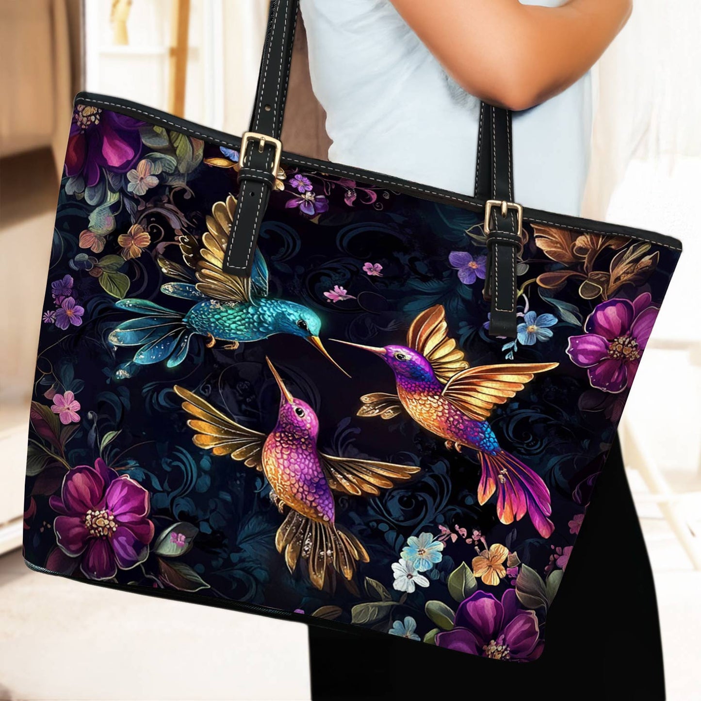 Lorva Hummingbird Leather Tote Bag Twilight Blooms