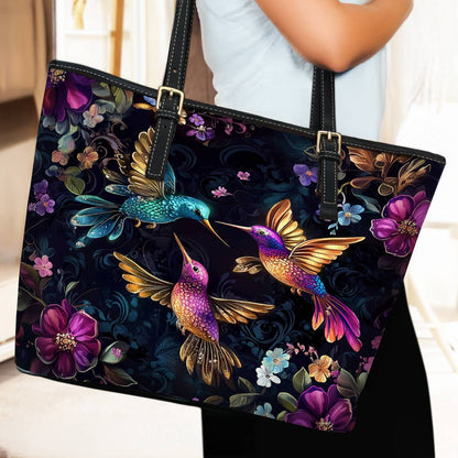 Lorva Hummingbird Leather Tote Bag Twilight Blooms