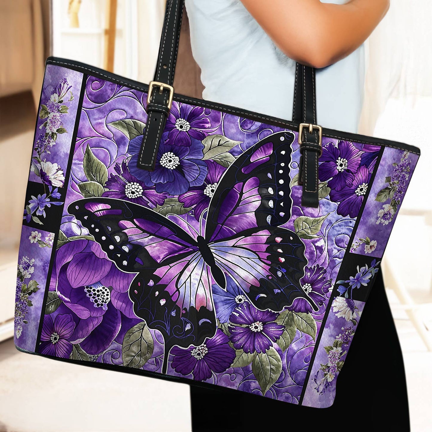 Lorva Leather Tote Bag Gorgeous Purple Butterfly Flowers