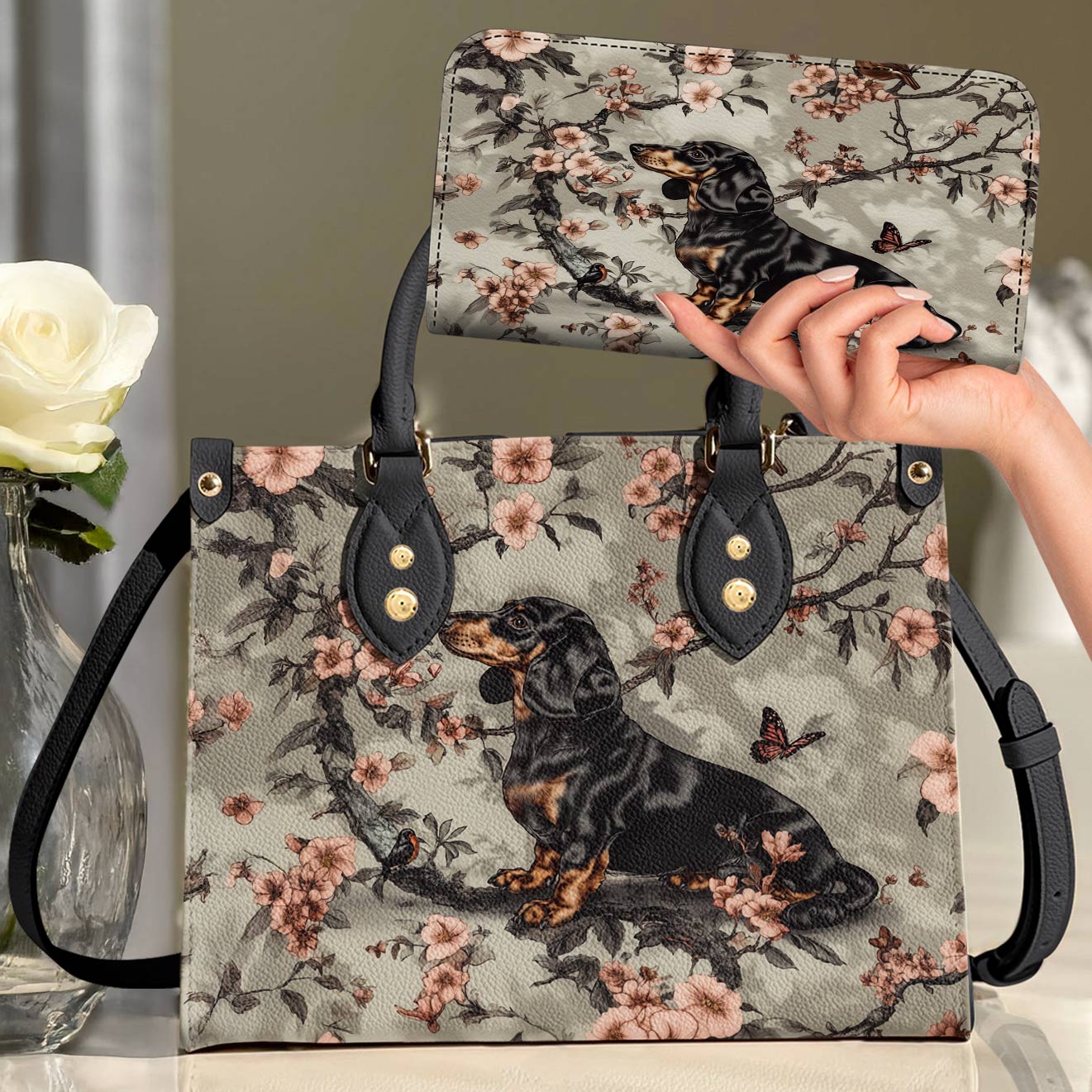 Lorva Dachshund Leather Bag Royal Garden Romp