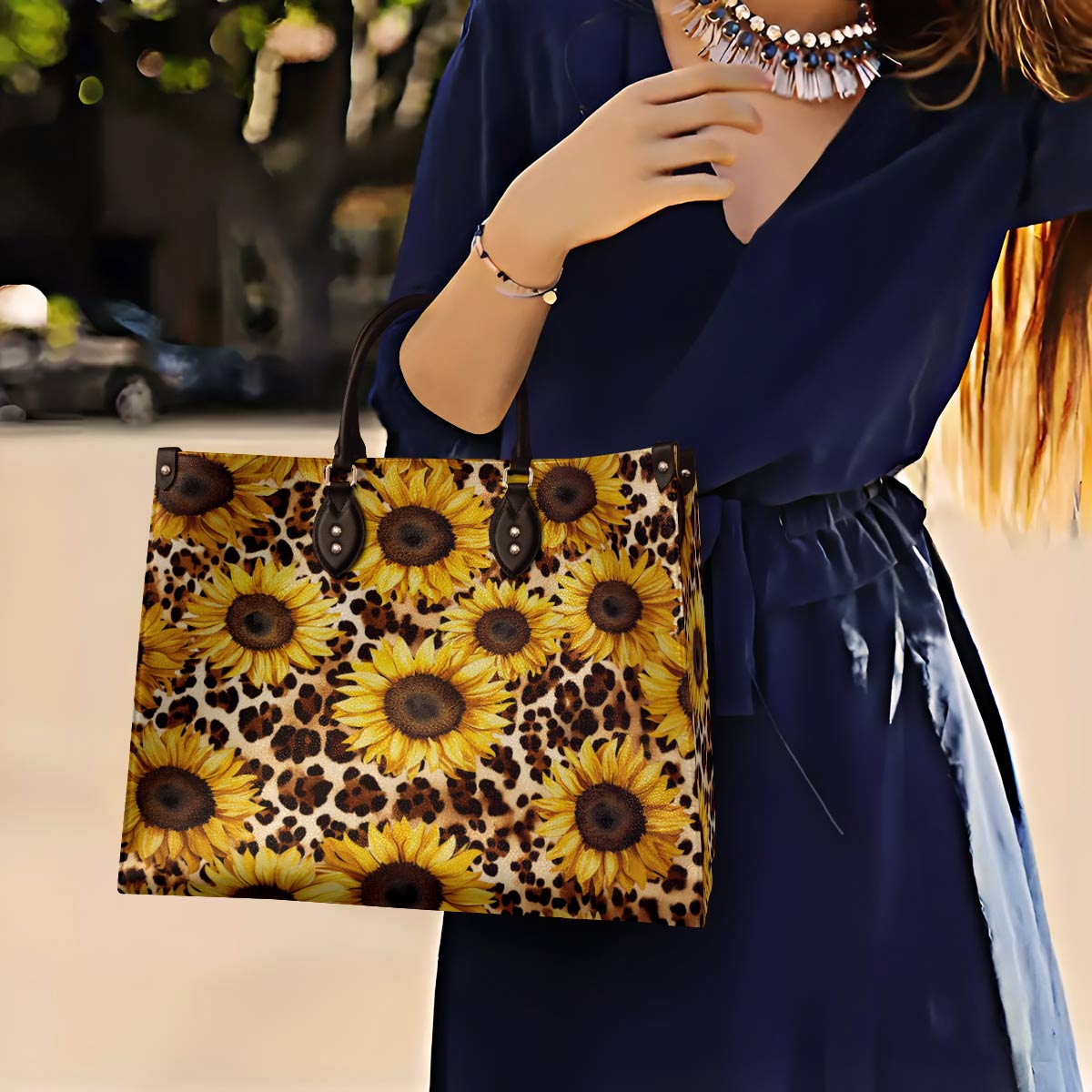 Lorva Leather Bag Leopard Sunflowers