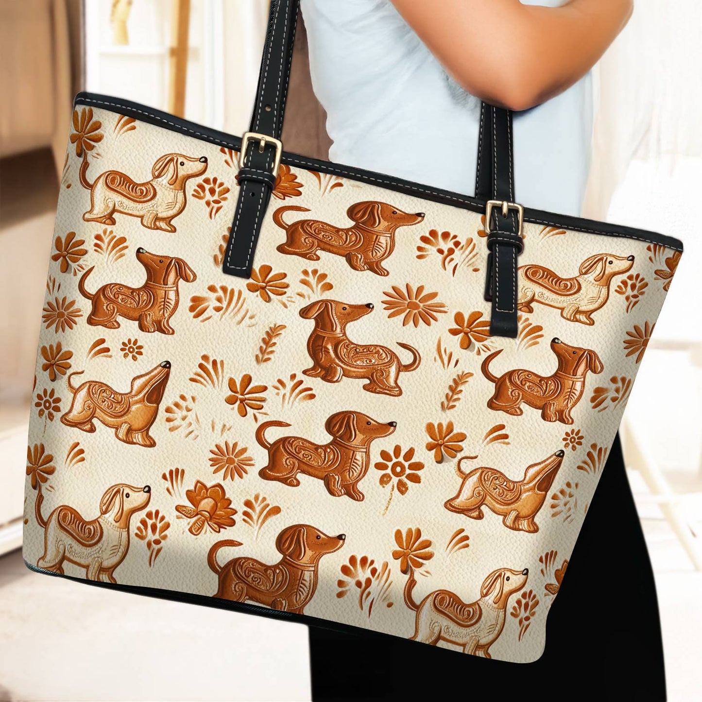Lorva Leather Tote Bag Cute Dachshund Cake