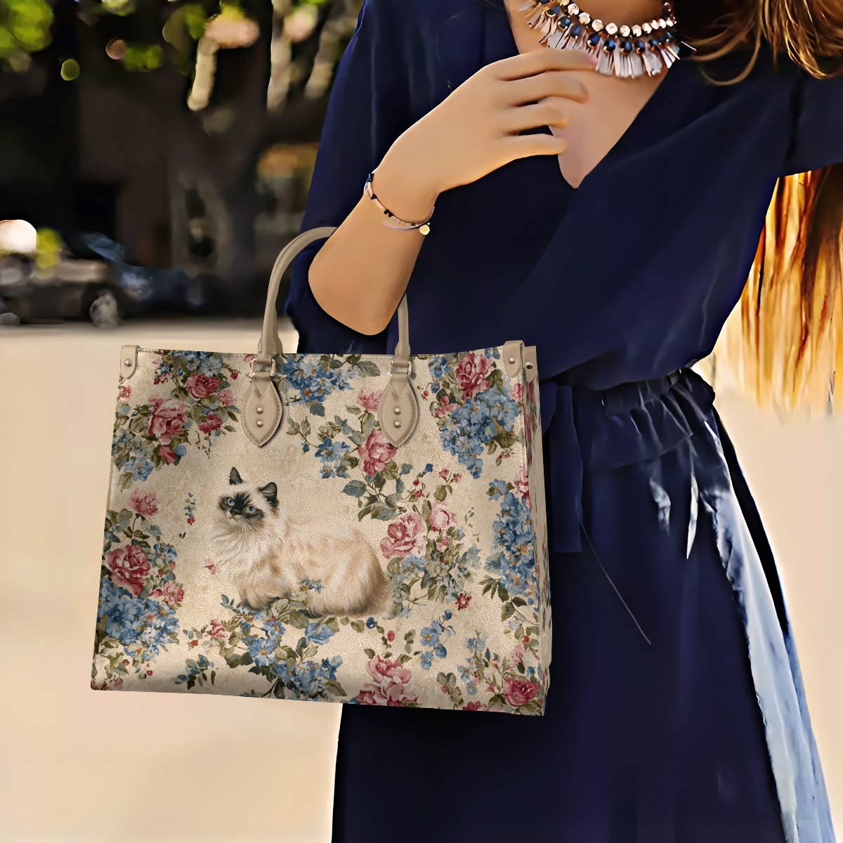 Lorva Cat Leather Bag Vintage Floral Cat