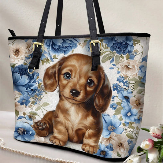 Lorva Dachshund Leather Tote Bag Cute Woof in Bloom
