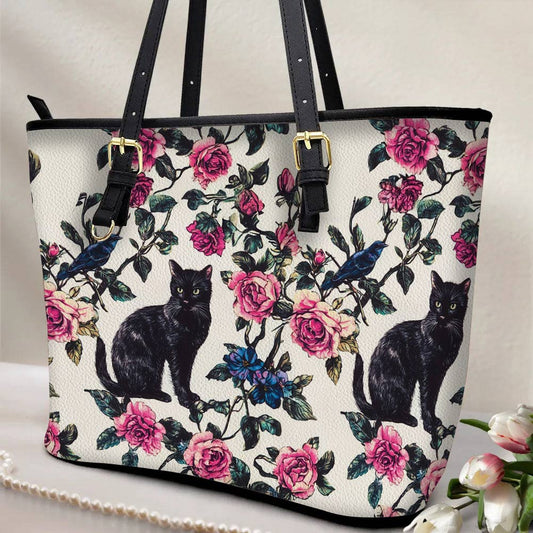 Lorva Black Cat Leather Tote Bag Mystic Roses