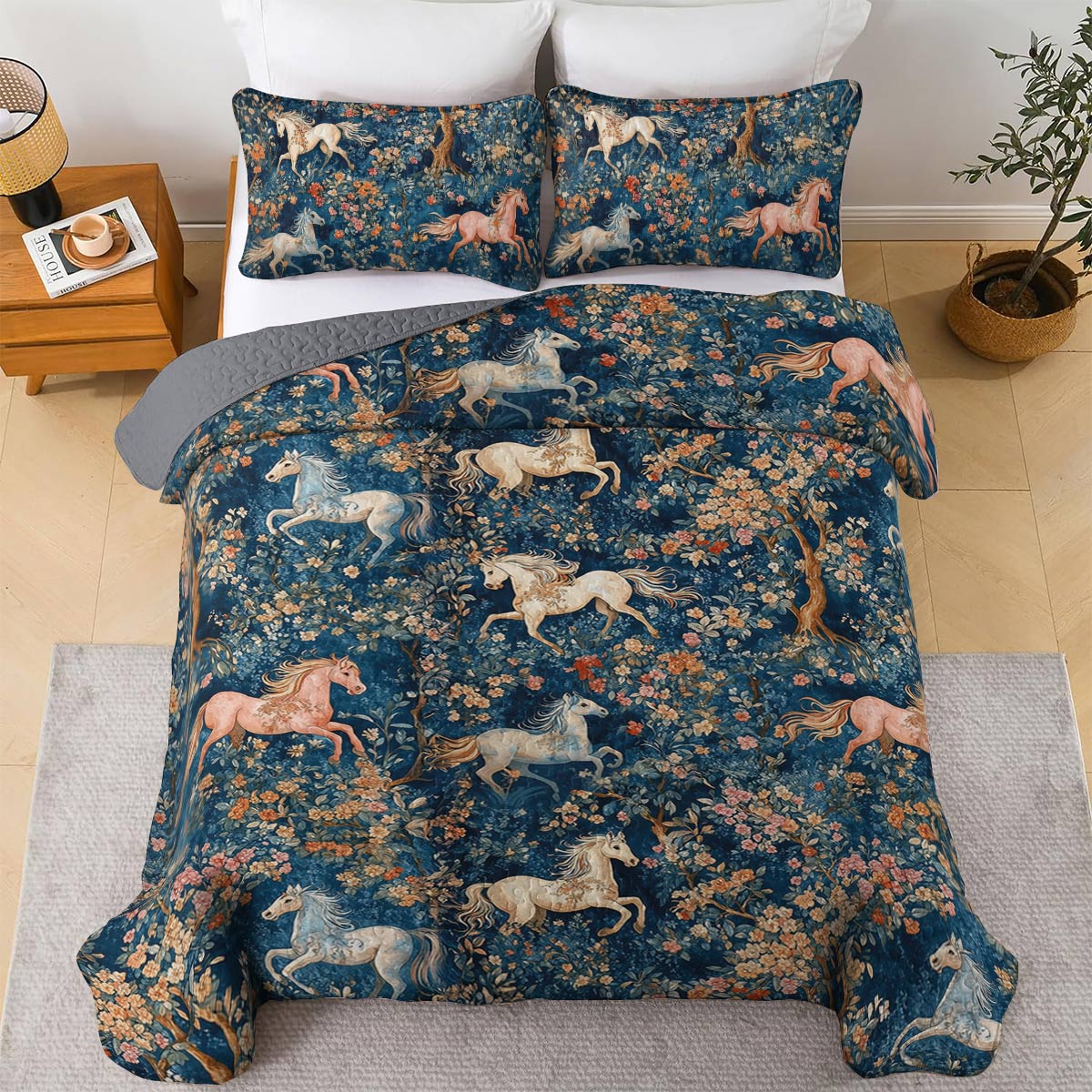 Lorva All Season Quilt 3-Piece Set Floral Forest Fairy Tale Horse