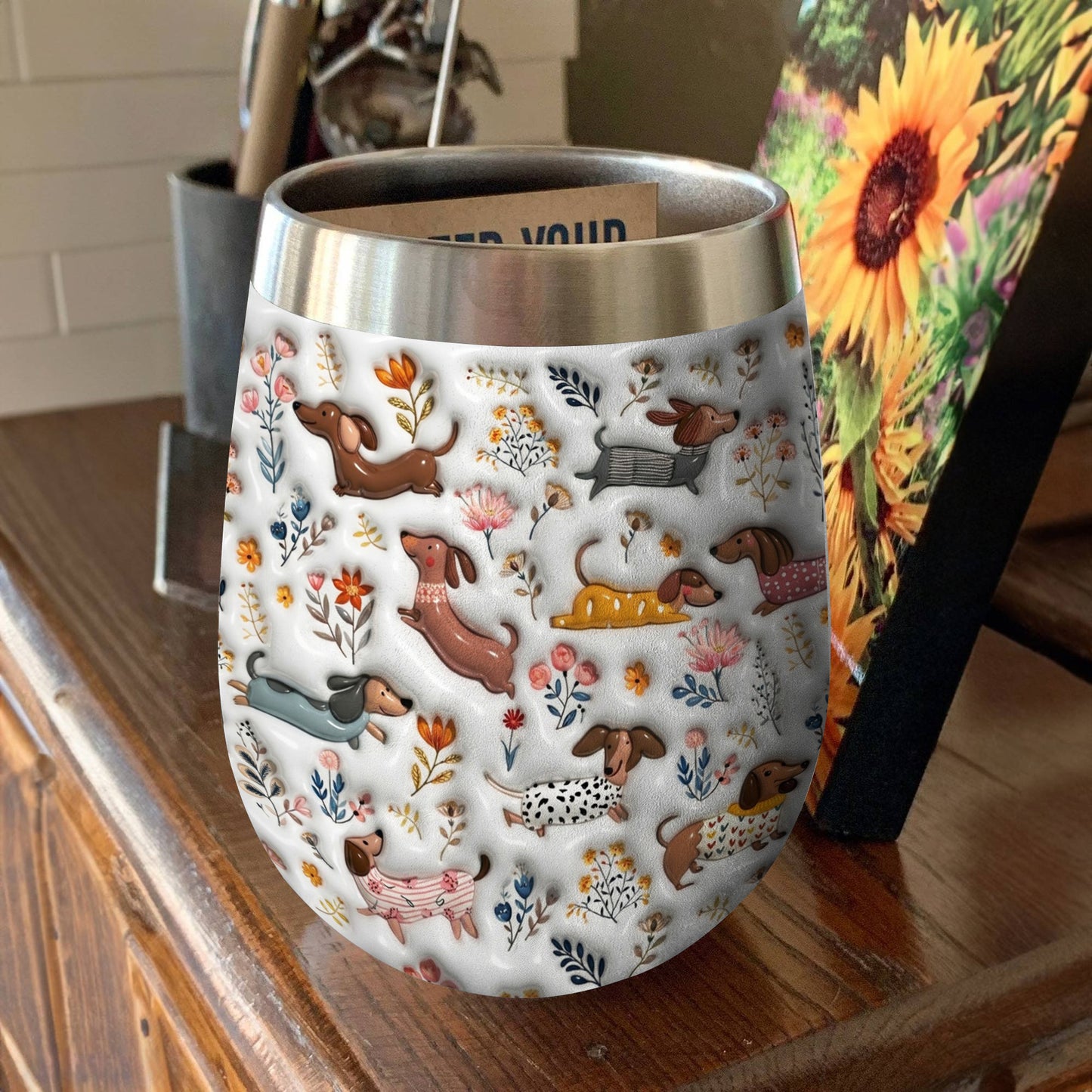 Lorva Dachshund Wine Tumbler Happy Field Flowers