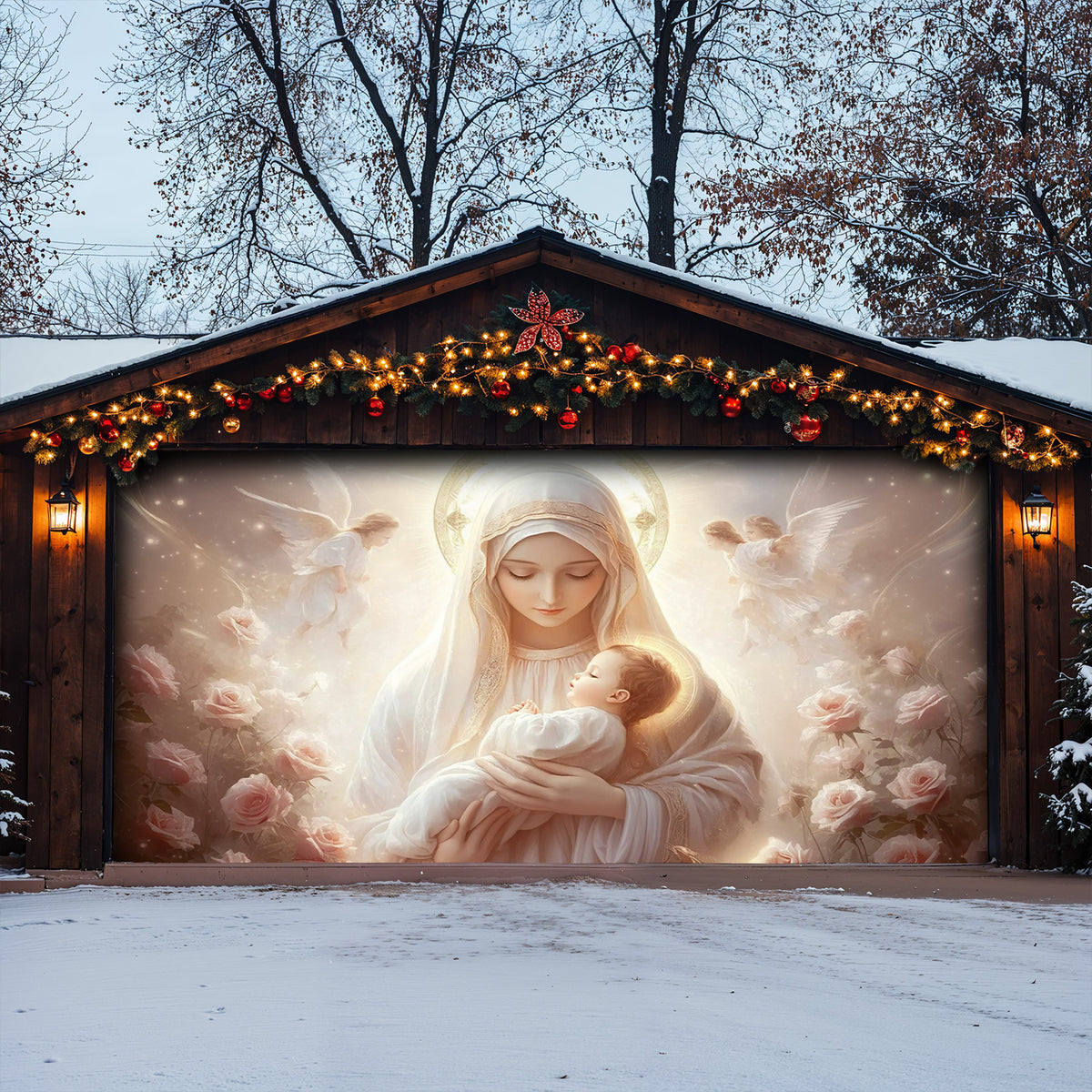 Lorva Christmas Garage Door Banner Decoration Holy Embrace