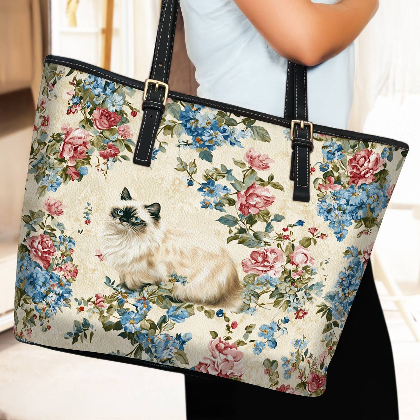 Lorva Cat Leather Tote Bag Vintage Floral Cat