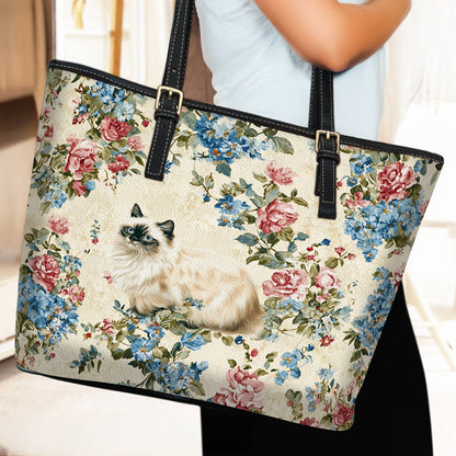 Lorva Cat Leather Tote Bag Vintage Floral Cat