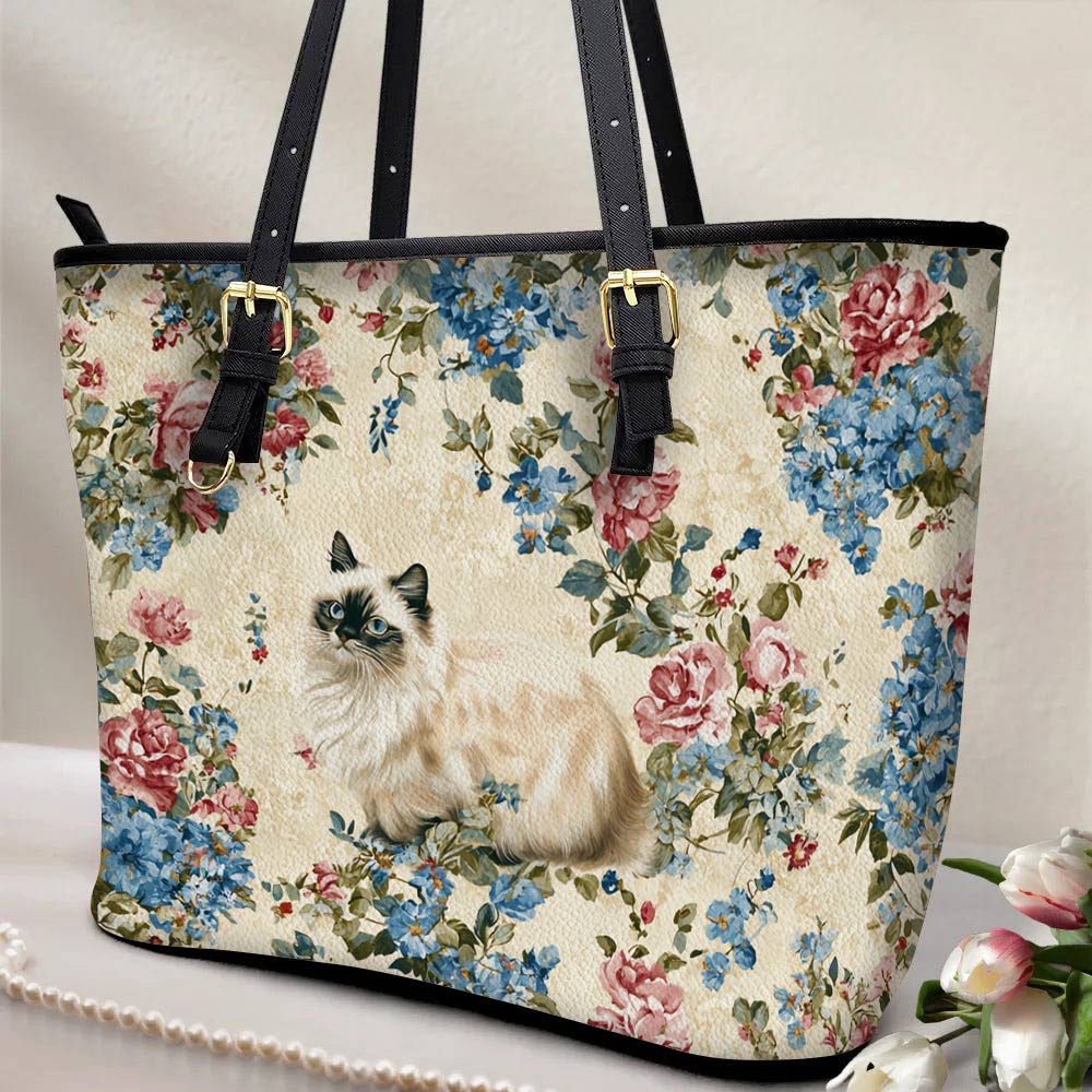 Lorva Cat Leather Tote Bag Vintage Floral Cat