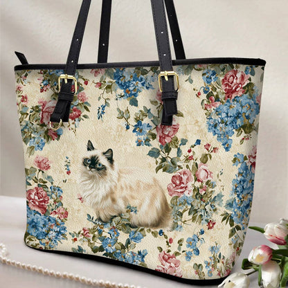 Lorva Cat Leather Tote Bag Vintage Floral Cat